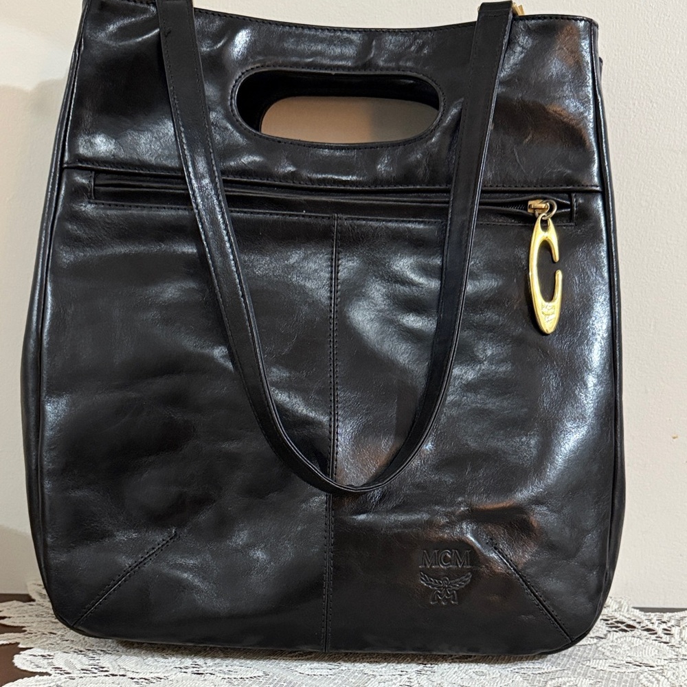 Authentic MCM Black Leather Tote with Gold Accent